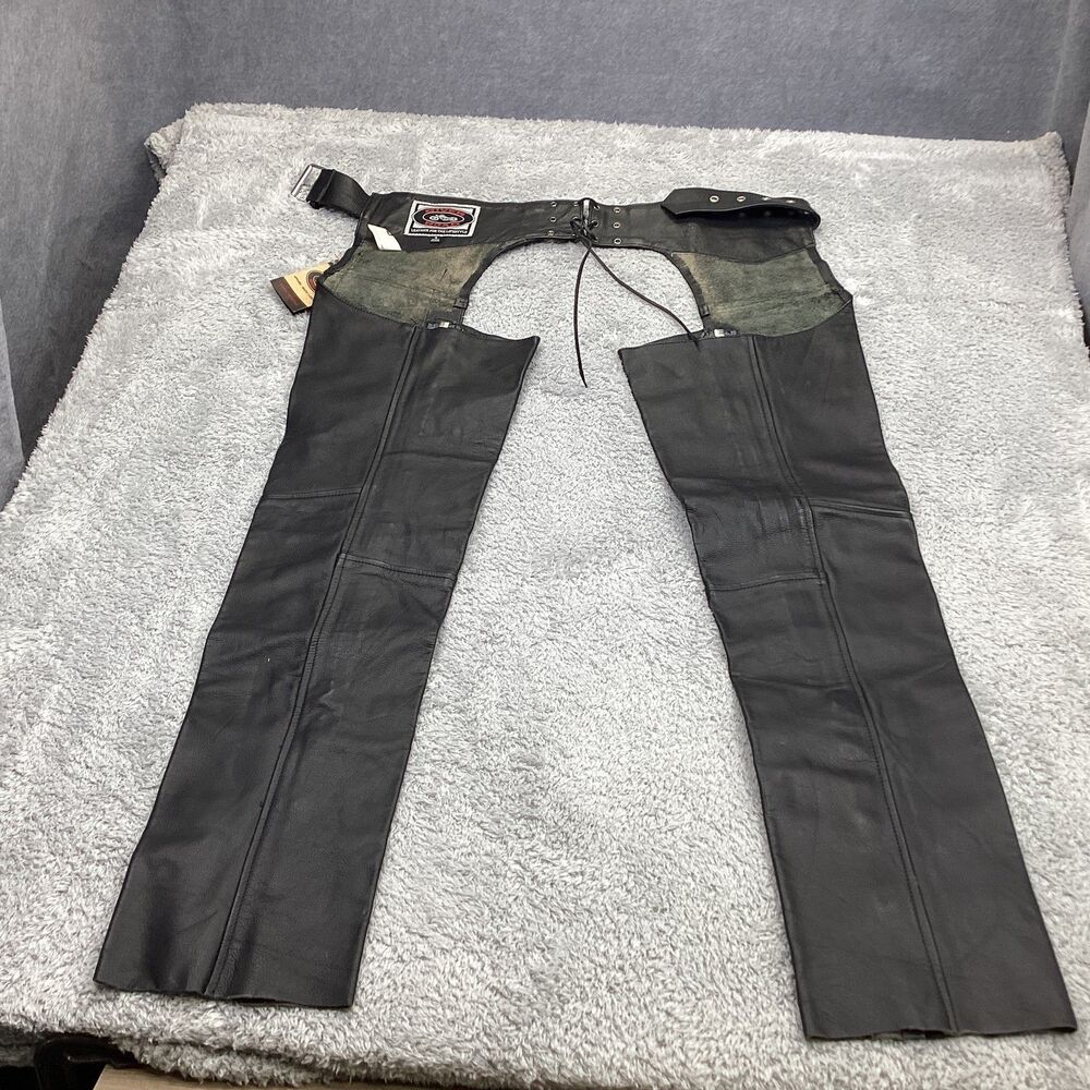 River Road Women's Plain Black Cowhide Leather Motorcycle Chaps Size 4 New